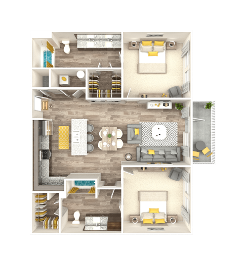 Floor plan for 2 beds, 2 baths, 1029 sqft